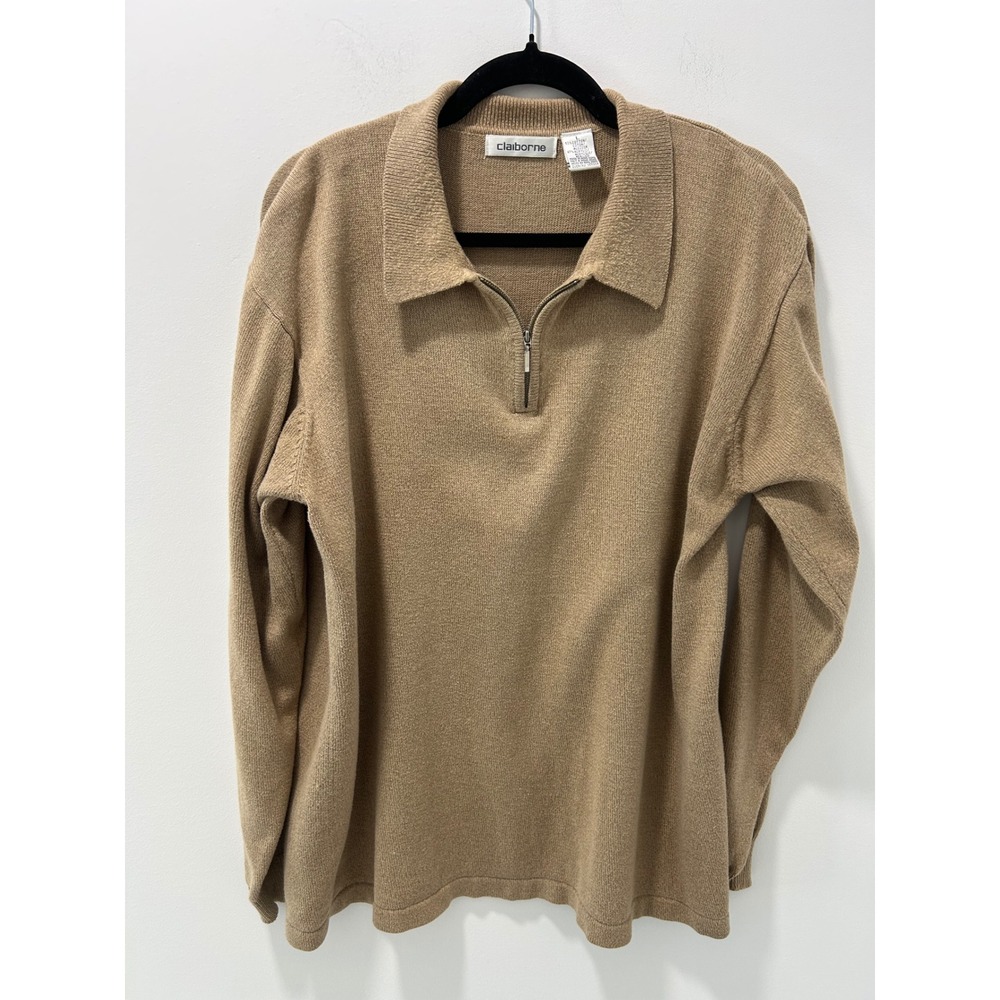 Claiborne Mens Tan Brown Quarter Zip Long Sleeve Knit Polo Sweater Large